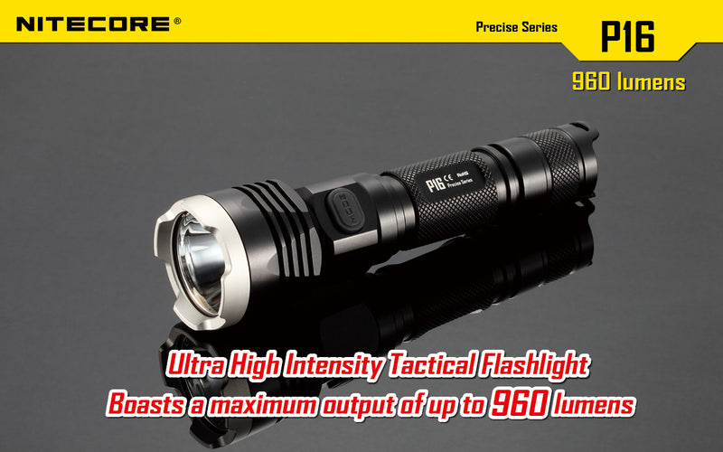 Nitecore P16 Ultra High Intensity Tactical Flashlight Boasts a maximum output of up to 960 lumens.