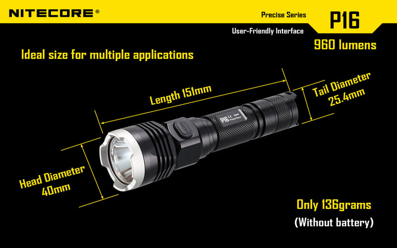 Nitecore P16 Ultra High Intensity Tactical Flashlight Boasts a maximum output of up to 960 lumens with ideal size for multiple applications.