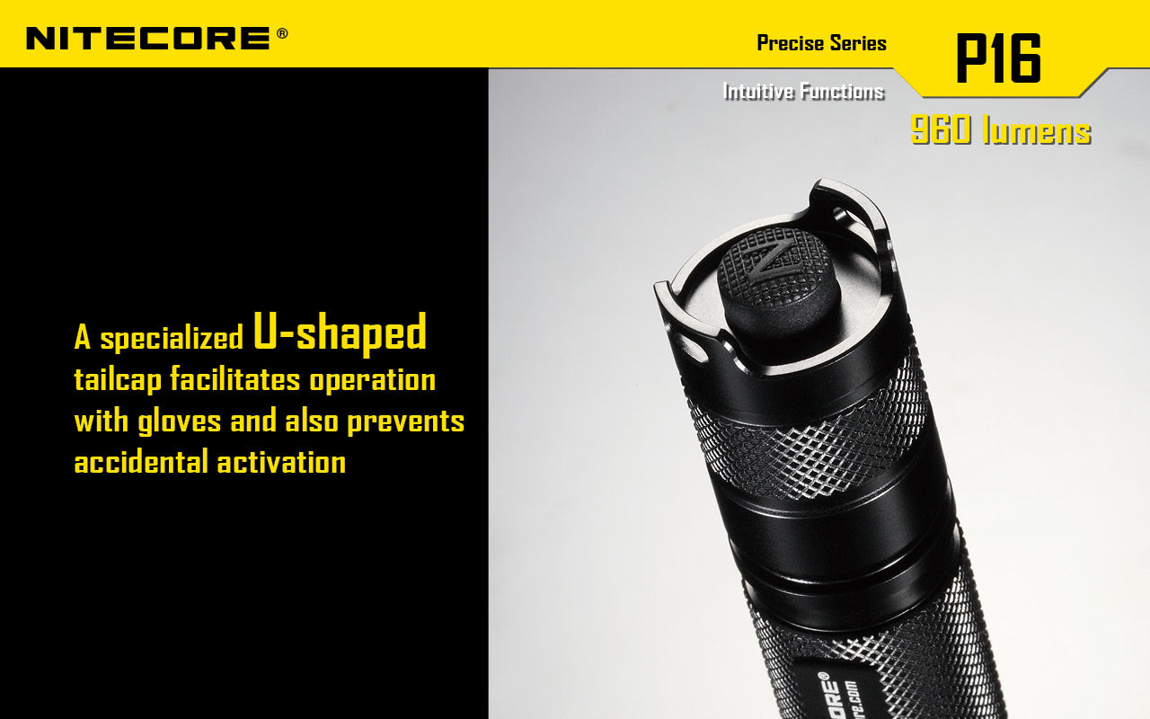 Nitecore P16 Ultra High Intensity Tactical Flashlight Boasts a maximum output of up to 960 lumens with a specialized u shaped tail cap facilities operation with gloves and also prevents accidental activation.