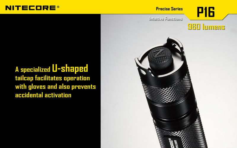 Nitecore P16 Ultra High Intensity Tactical Flashlight Boasts a maximum output of up to 960 lumens with a specialized u shaped tail cap facilities operation with gloves and also prevents accidental activation.