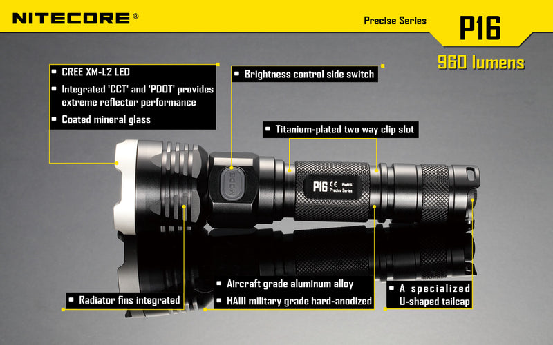 Nitecore P16 Ultra High Intensity Tactical Flashlight Boasts a maximum output of up to 960 lumens with features.