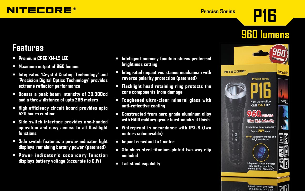Nitecore P16 Ultra High Intensity Tactical Flashlight Boasts a maximum output of up to 960 lumens with features.