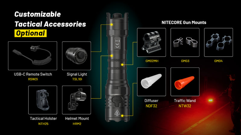 Nitecore P23i i-Generation Long Range 21700 Tactical Flashlight with customizable tactical accessories.