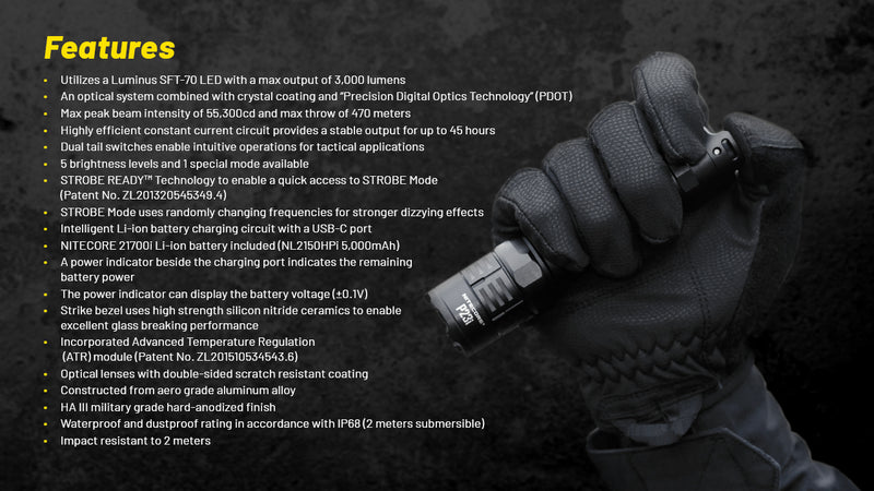 Nitecore P23i i-Generation Long Range 21700 Tactical Flashlight with features.