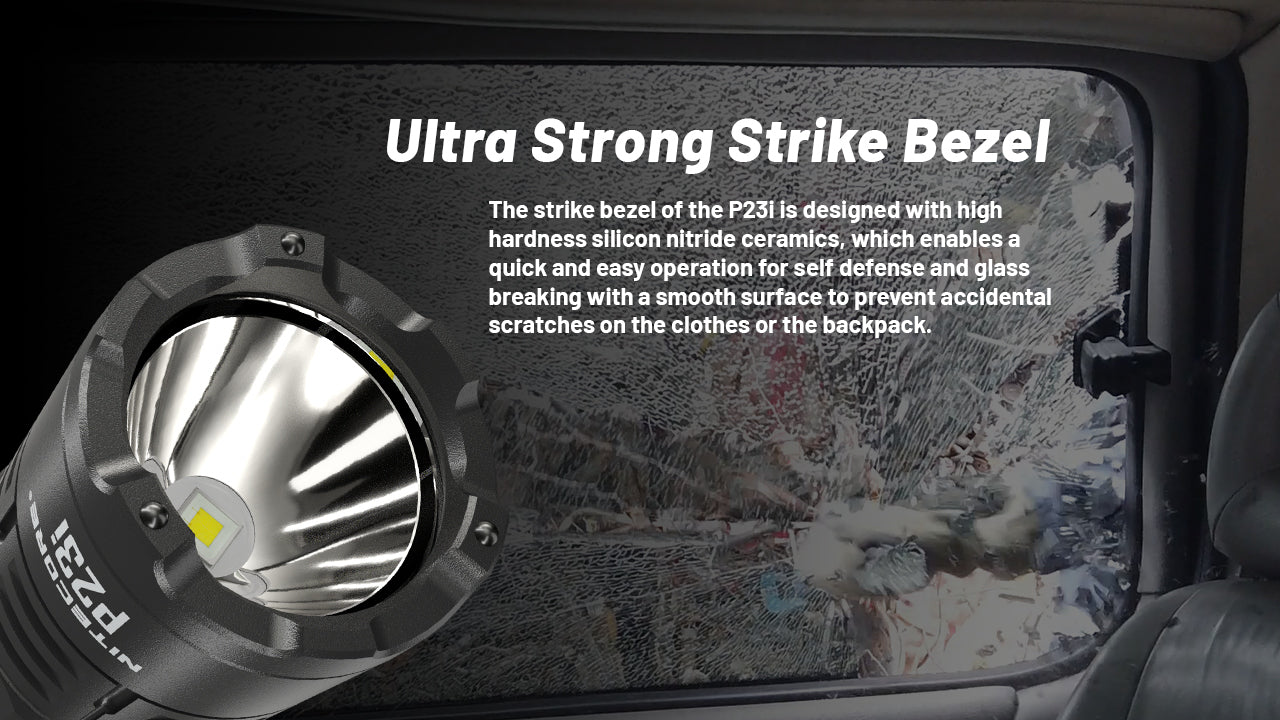 Nitecore P23i i-Generation Long Range 21700 Tactical Flashlight with ultra strong strike bezel.