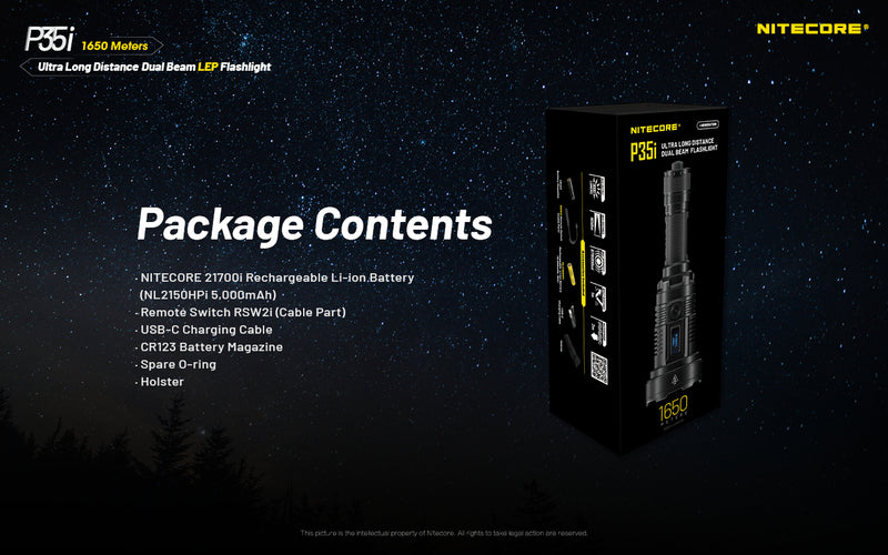Nitecore P35i Ultra Long Distance Dual Beam LEP flashlight with package contents.