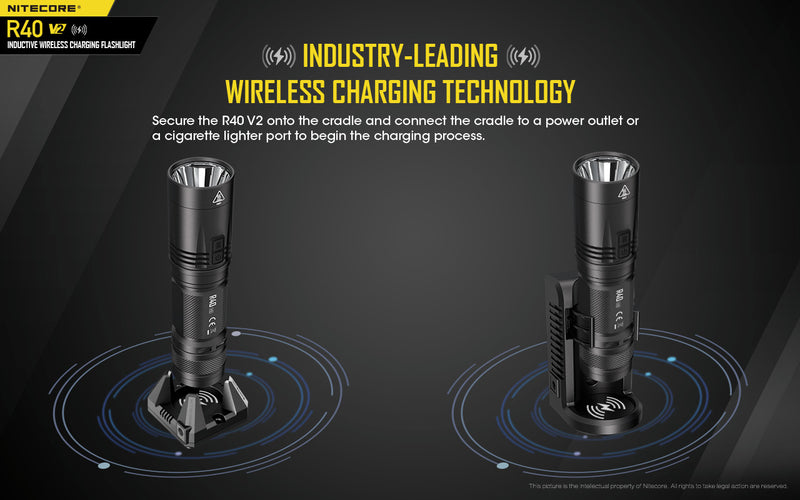 Nitecore R40 V2 Inductive Wireless Charging Flashlight with Industry Leading Wireless Charging Technology.