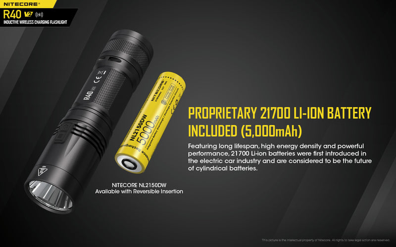 Nitecore R40 V2 Inductive Wireless Charging Flashlight with proprietary 21700 li-ion Battery included.