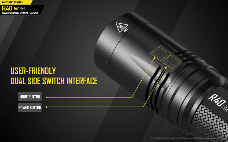 Nitecore R40 V2 Inductive Wireless Charging Flashlight with user friendly Dual Side Switch Interface.