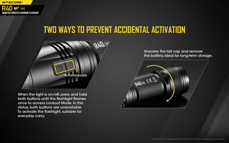 Nitecore R40 V2 Inductive Wireless Charging Flashlight with two ways to prevent accidental activation.