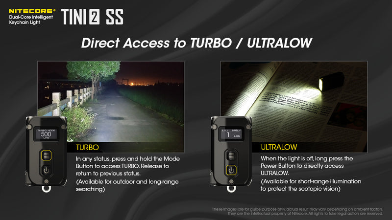 Nitecore Tini2 SS Stainless Steel Dual Core Intelligent Keychain Light with direct access to turbo and ultralow mode.