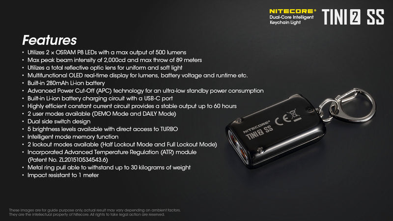 Nitecore Tini2 SS Stainless Steel Dual Core Intelligent Keychain Light with features.