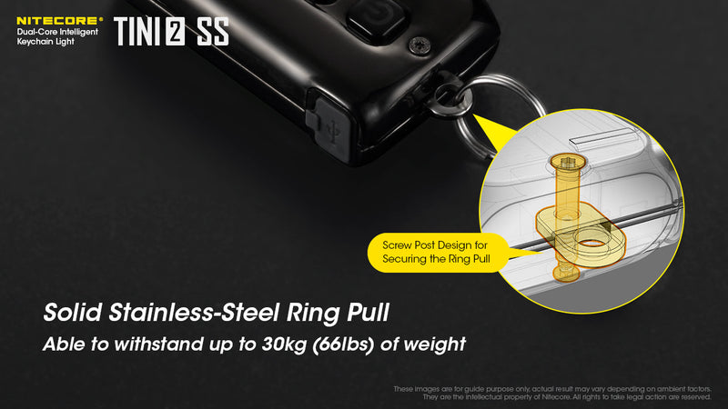 Nitecore Tini2 SS Stainless Steel Dual Core Intelligent Keychain Light with solid stainless steel ring pull.