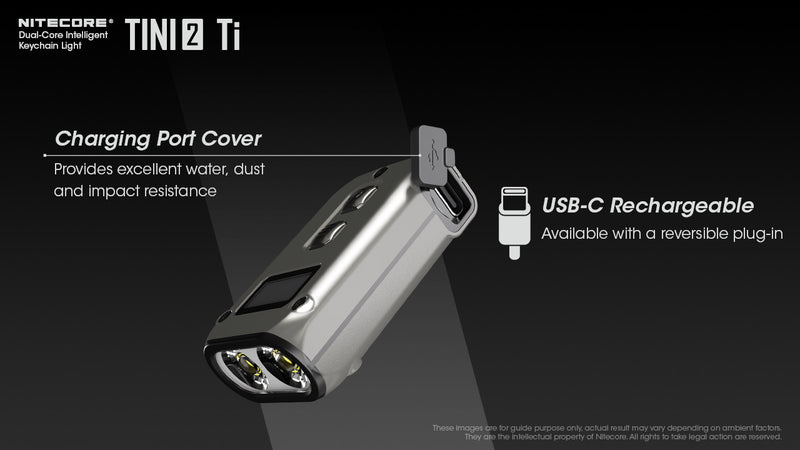 Nitecore Tini2 Ti Titanium with dual core intelligent keychain light with charging port cover.