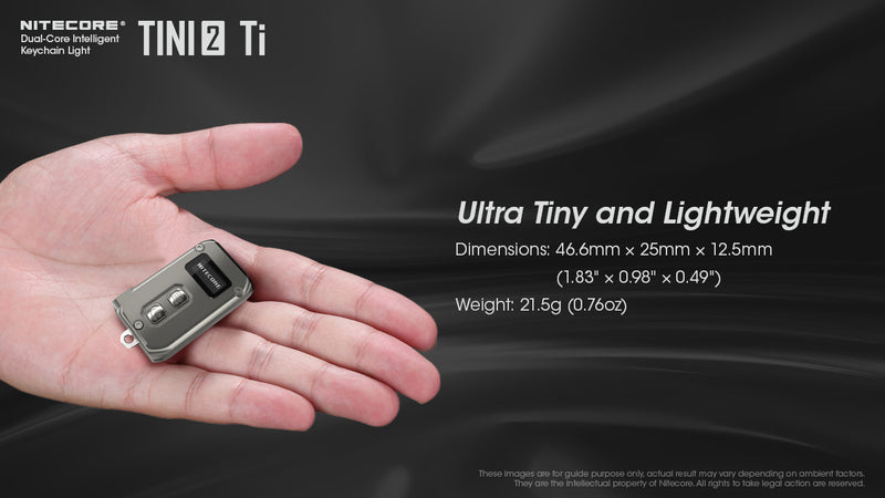 Nitecore Tini2 Ti Titanium with dual core intelligent keychain light is ultra tiny and lightweight.