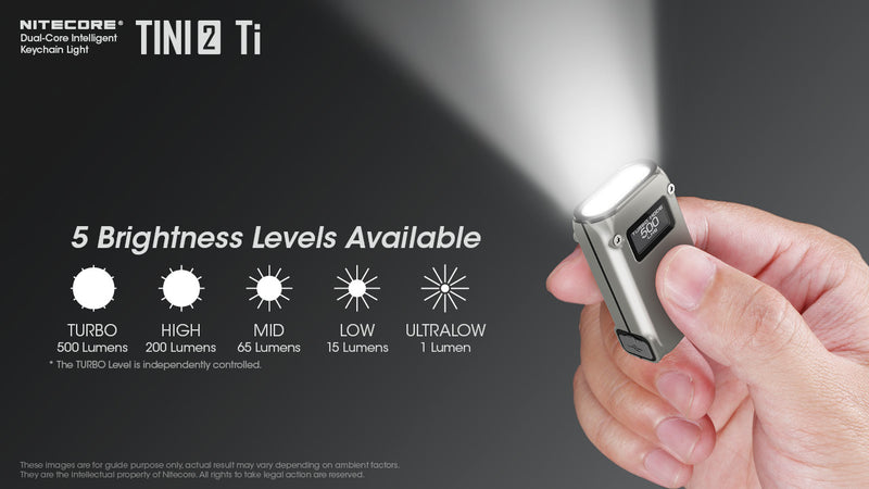 Nitecore Tini2 Ti Titanium with dual core intelligent keychain light with 5 brightness levels available.