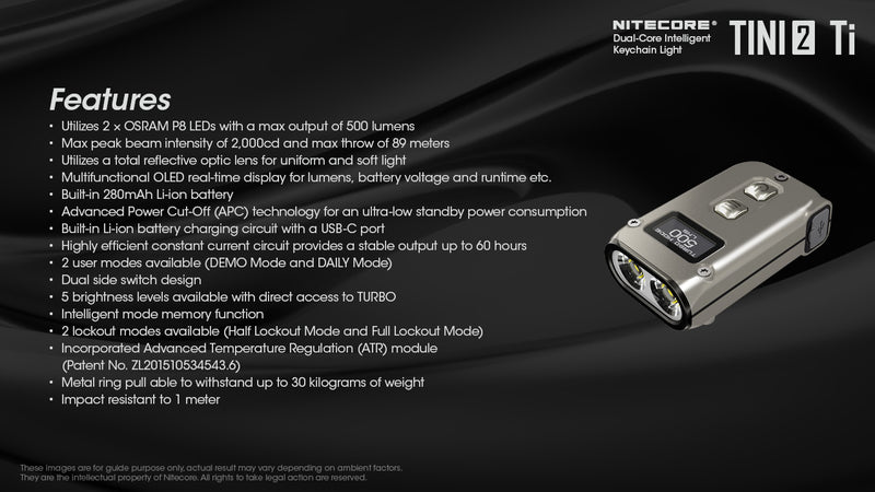 Nitecore Tini2 Ti Titanium with dual core intelligent keychain light with features.