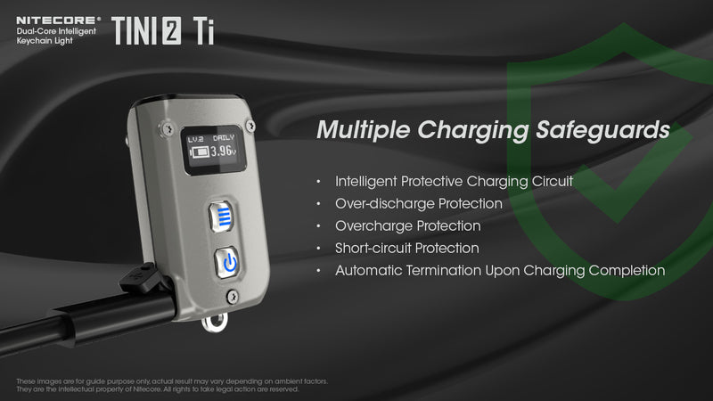 Nitecore Tini2 Ti Titanium with dual core intelligent keychain light with multiple charging safeguards.