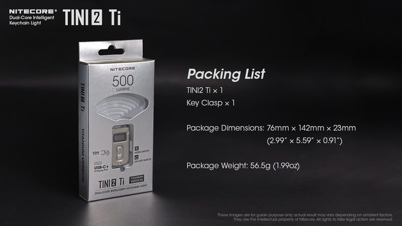 Nitecore Tini2 Ti Titanium with dual core intelligent keychain light with packing list.