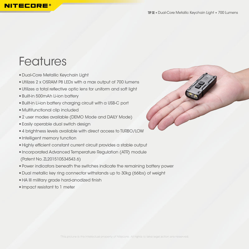 Nitecore TIP SE Dual Core Metallic Key chain light with features.