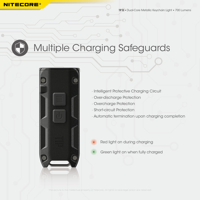 Nitecore TIP SE Dual Core Metallic Key chain light with multiple charging safeguards.
