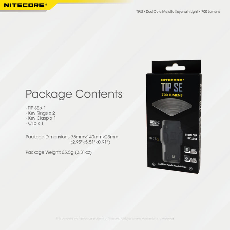 Nitecore TIP SE Dual Core Metallic Key chain light with package contents.