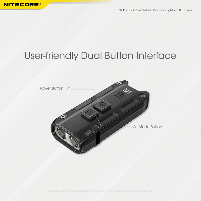 Nitecore TIP SE Dual Core Metallic Key chain light with user friendly dual button interface.
