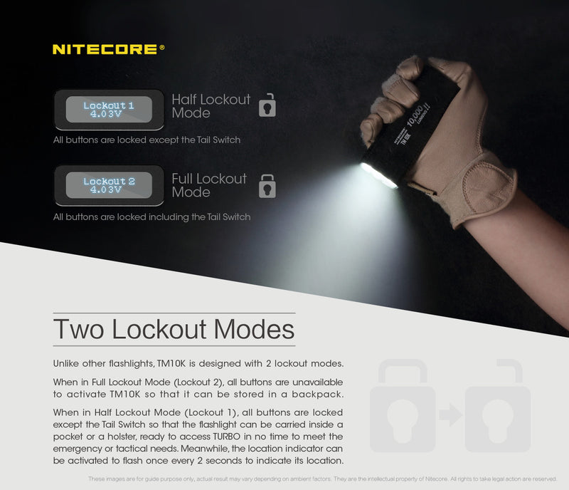 Nitecore TM10K LTP Low Temperature Resistant Compact and Intelligent Sharp Light with 10,000 lumens with tow lockout modes.
