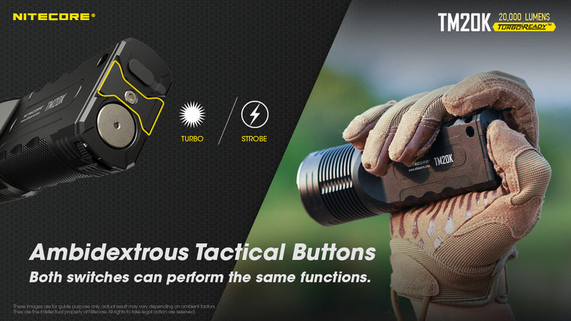      Nitecore TM20K 20,000 lumens Ultra High Performance Tactical Searchlight with ambidextrous tactical buttons.