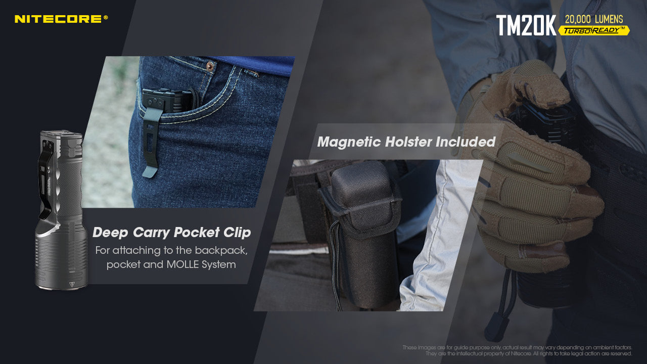 Nitecore TM20K lumens searchlight with magnetic holsters included and deep carry pocket clip.