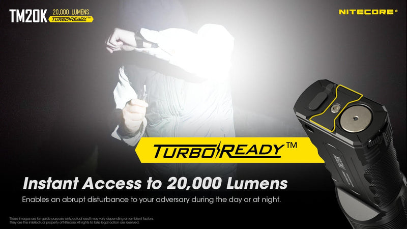Nitecore TM20K 20000 lumens searchlight has instant access to 20000 lumens.