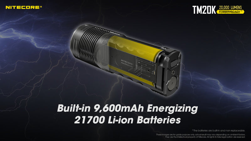 Nitecore TM20K 20000 lumens searchlight  with built in 9,600 mah energizing 21700 li-ion batteries. 