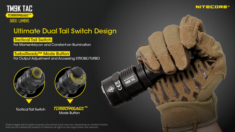 Nitecore TM9K TAC 9800 lumens Turbo Ready Tactical Rechargeable LED Flashlight with ultimate dual tail switch design.