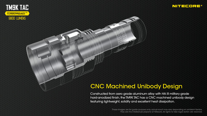 Nitecore TM9K TAC 9800 lumens Turbo Ready Tactical Rechargeable LED Flashlight with cnc machined unibody design.