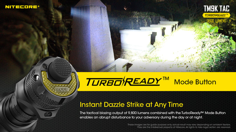 Nitecore TM9K TAC 9800 lumens Turbo Ready Tactical Rechargeable LED Flashlight with instant dazzle strike at any time.