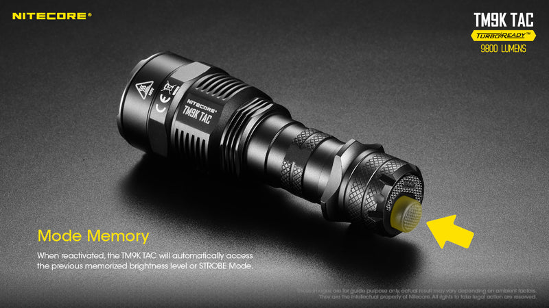 Nitecore TM9K TAC 9800 lumens Turbo Ready Tactical Rechargeable LED Flashlight with mode memory.