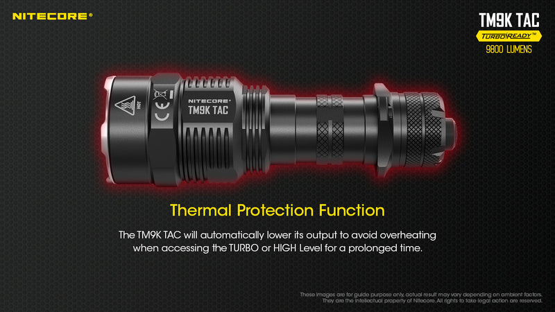 Nitecore TM9K TAC 9800 lumens Turbo Ready Tactical Rechargeable LED Flashlight with thermal protection function.