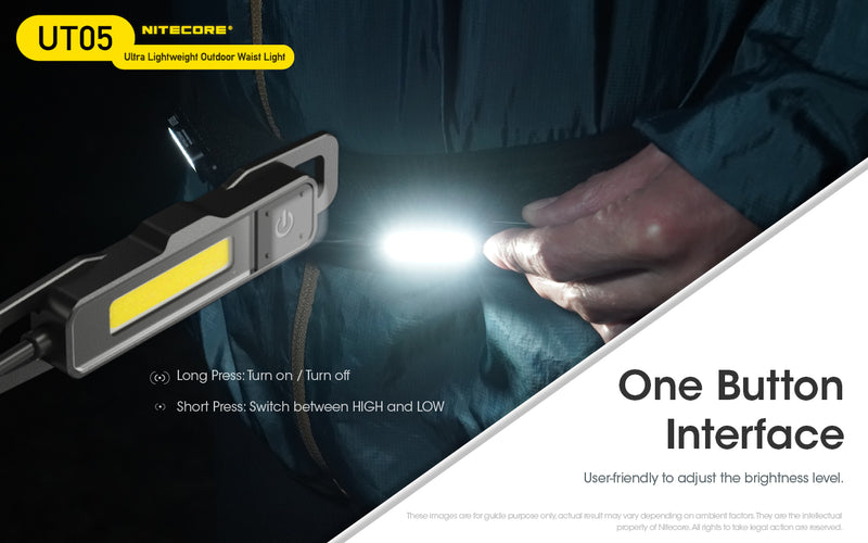 Nitecore UT05 Ultra lightweight Outdoor Waist Light is user-friendly to adjust  the brightness level.