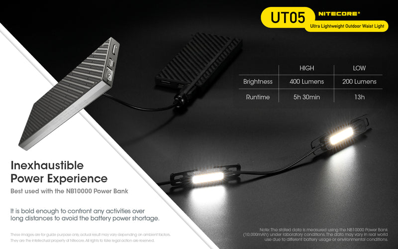Nitecore UT05 Ultra lightweight Outdoor Waist Light is best used with NB10000 Power bank.