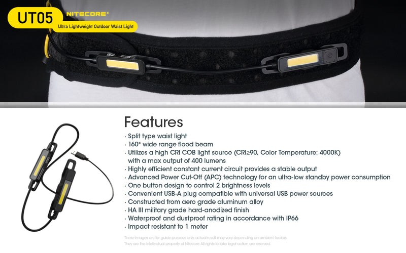 Nitecore UT05 Ultra lightweight Outdoor Waist Light with ultra lightweight feature 40.4 gram with features.