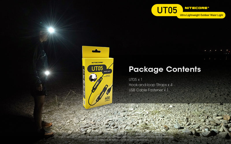 Nitecore UT05 Ultra lightweight Outdoor Waist Light with package contents.