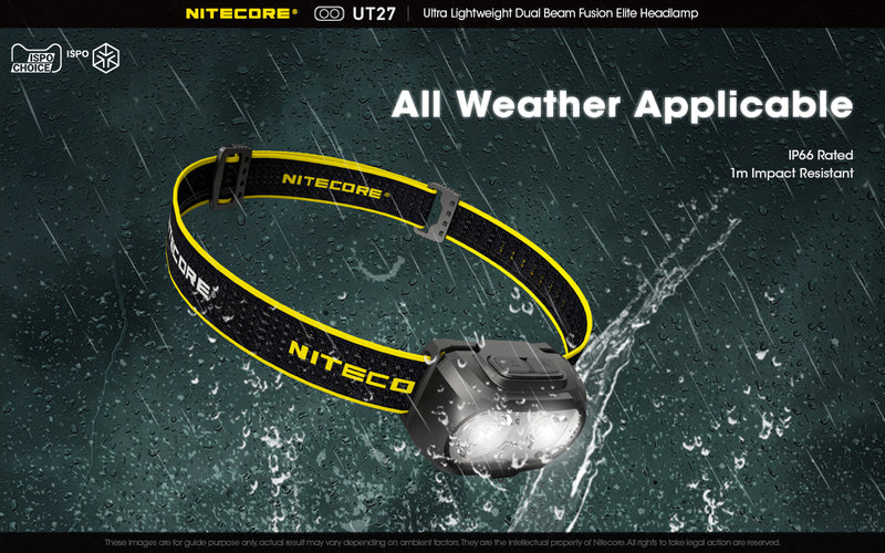 Nitecore UT27 Ultralight weight Dual Beam Fusion Headlamp with all weather applicable.