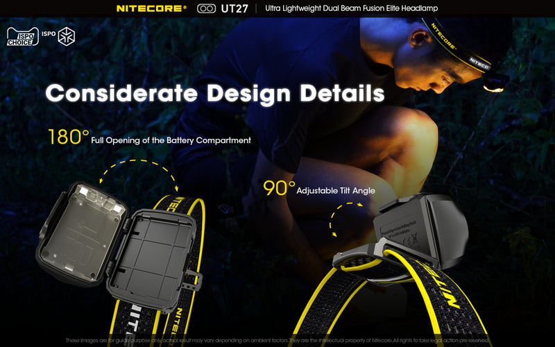 Nitecore UT27 Ultralight weight Dual Beam Fusion Headlamp with considerate design details.
