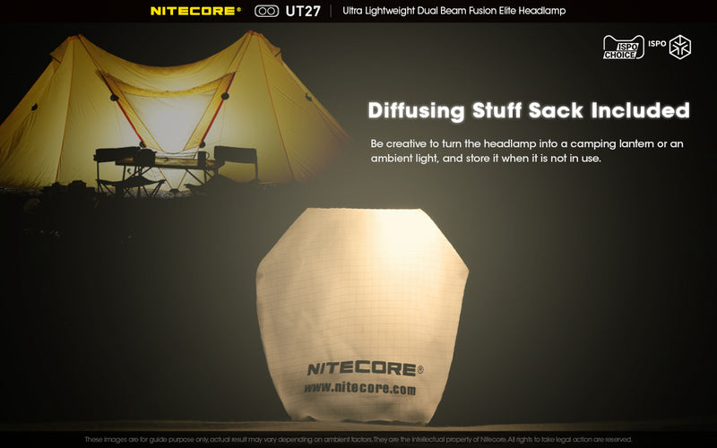 Nitecore UT27 Ultralight weight Dual Beam Fusion Headlamp with diffusing stuff sack included.