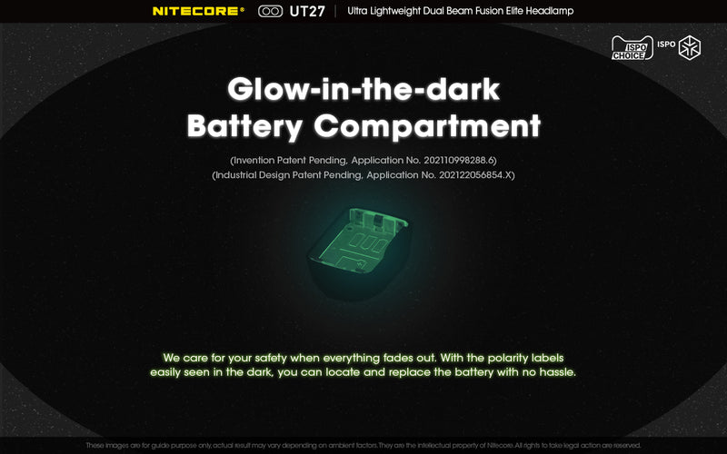 Nitecore UT27 Ultralight weight Dual Beam Fusion Headlamp with glow in the dark battery compartment.