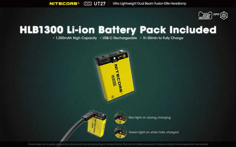 Nitecore UT27 Ultralight weight Dual Beam Fusion Headlamp with HLB1300 Li-ion Battery Pack included.