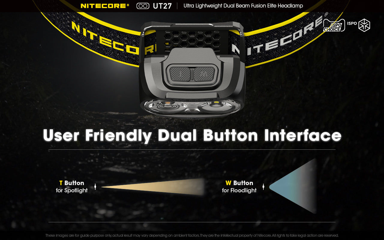 Nitecore UT27 Ultralight weight Dual Beam Fusion Headlamp with user friendly dual button interface.