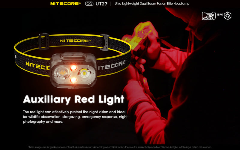 Nitecore UT27 Ultralight weight Dual Beam Fusion Headlamp with auxiliary red light.